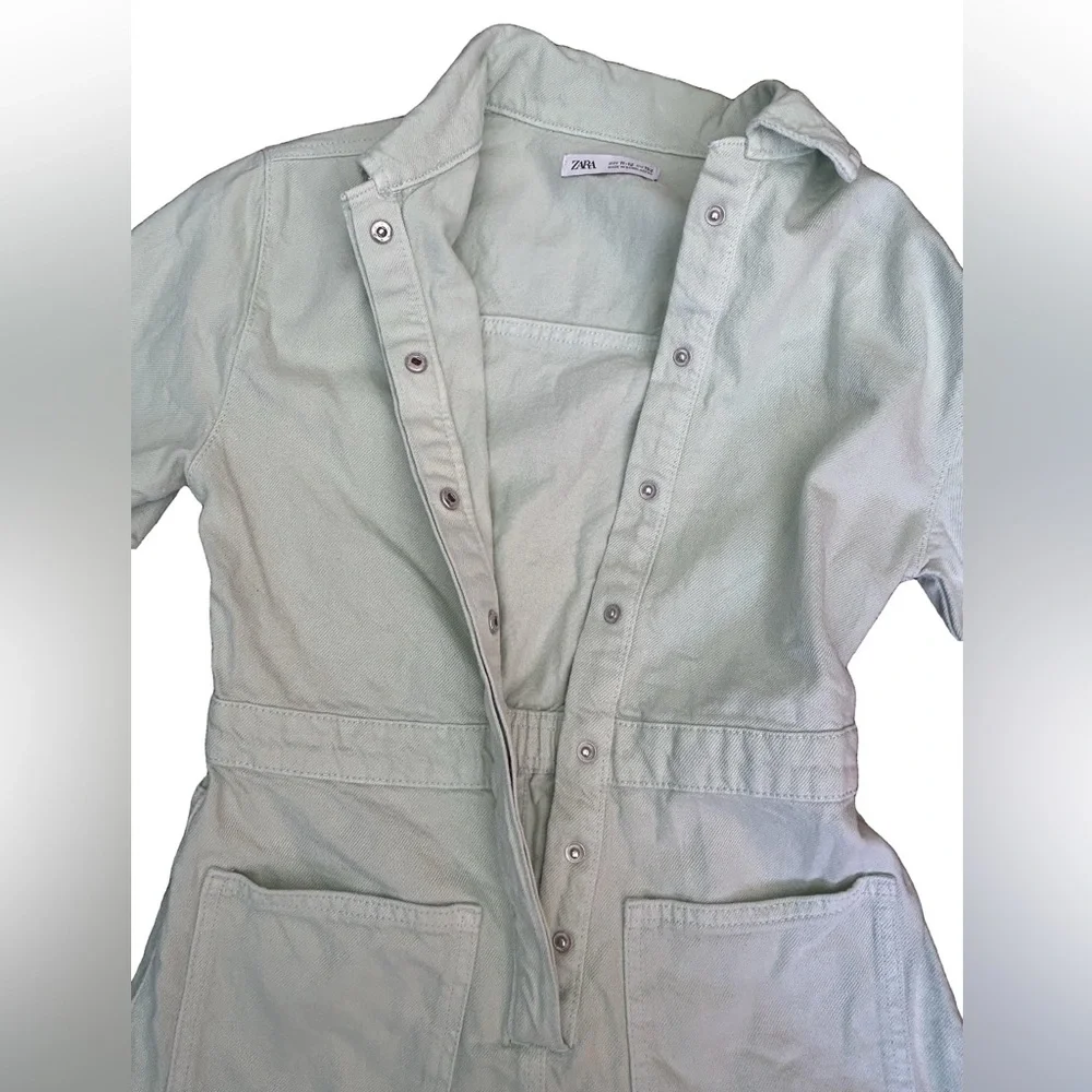 🌍Zara Mint Green Denim Snap Front Short One Piece Romper Size 11/12 Pockets - Picture 3 of 4